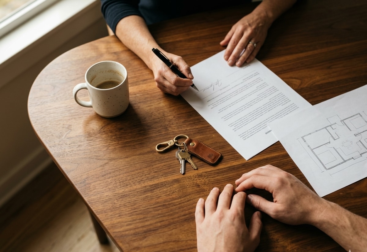 House keys and signed documents on a warm wooden table — the moment a buyer becomes a homeowner
