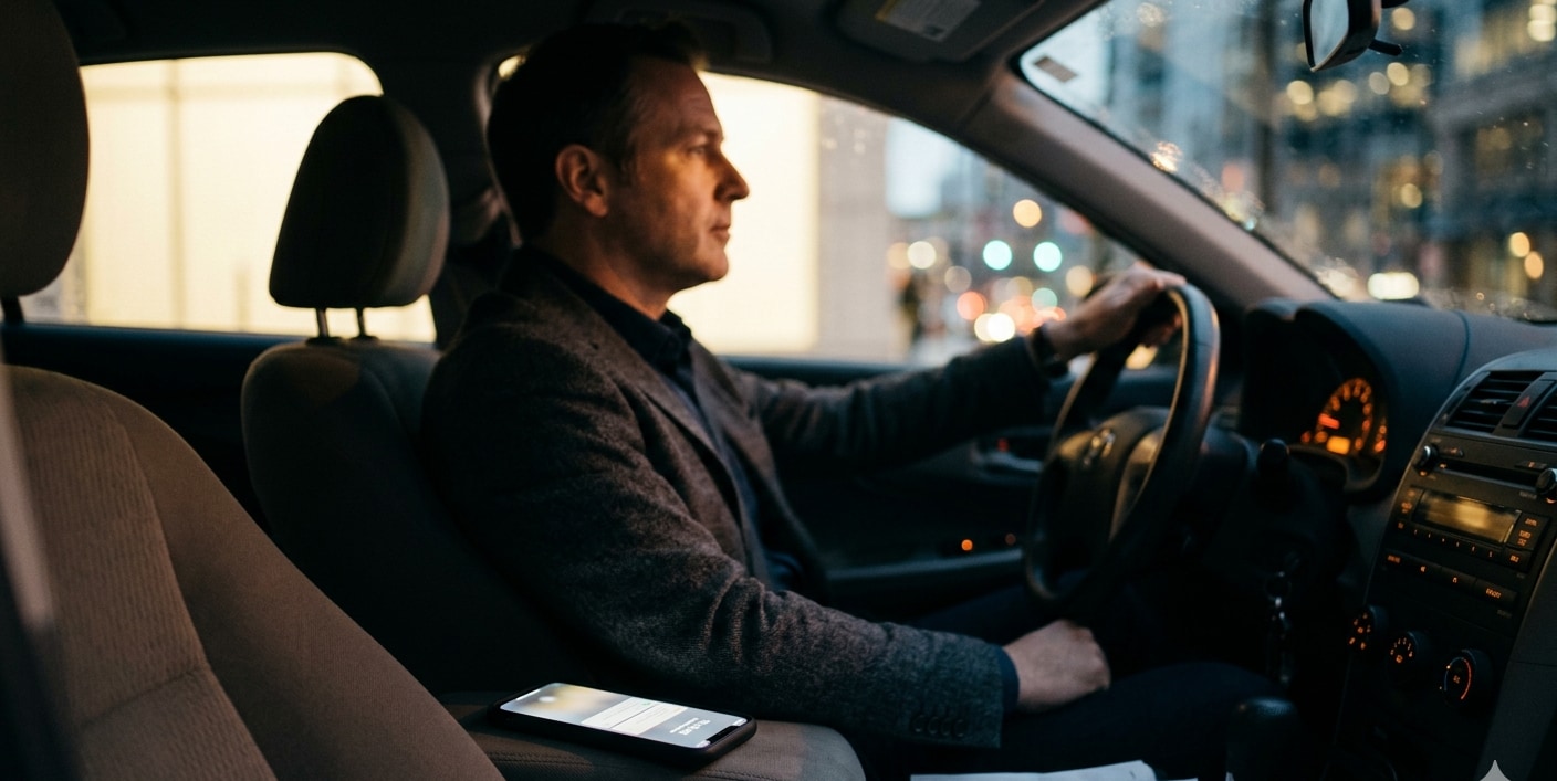 Real estate agent driving between showings, phone with missed call on passenger seat