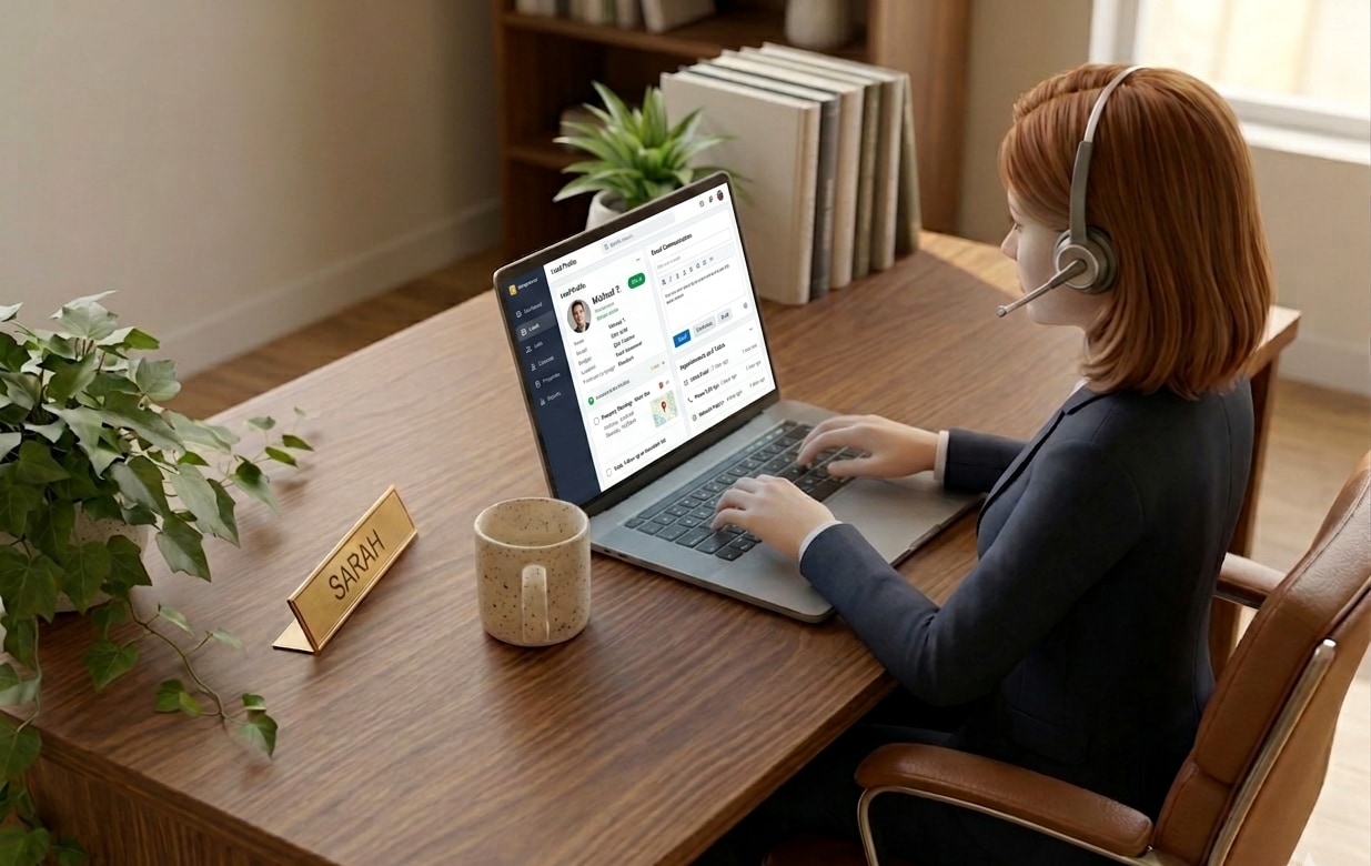 Sarah, Lexaura's AI receptionist, handling calls at her desk