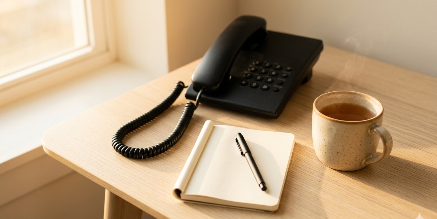 Warm minimal desk with a corded phone and morning light